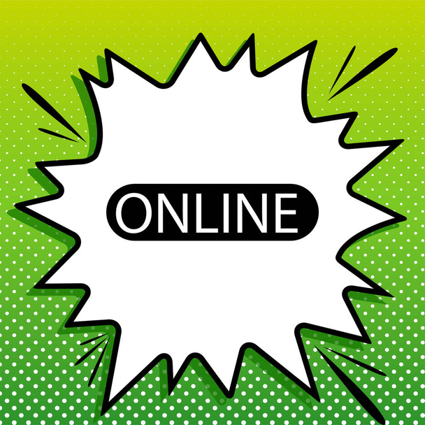 Online teken. Zwarte icoon op witte popart Splash op groene achtergrond met witte vlekken. - Vector, afbeelding