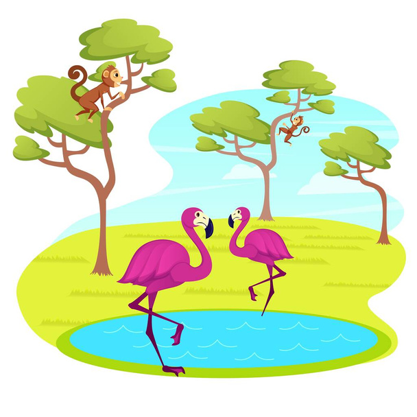 Pink Flamingo Stand on Lake Water Surface, Monkey - Vektör, Görsel
