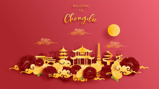 Chengdu, China world famous landmark in gold and red background. Paper cut vector illustration. - Vector, Image