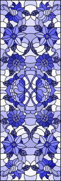 Ilustrace ve stylu barevného skla s abstraktními květy, víry a listy na světlém pozadí, vertikální orientace, tónově modrá - Vektor, obrázek