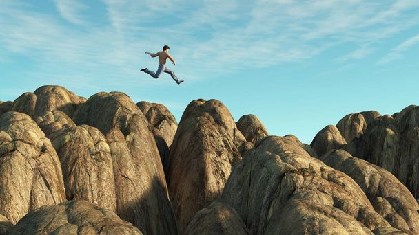 Mies hyppää kallioiden yli. Tämä on 3D-mallinnus
 . - Valokuva, kuva
