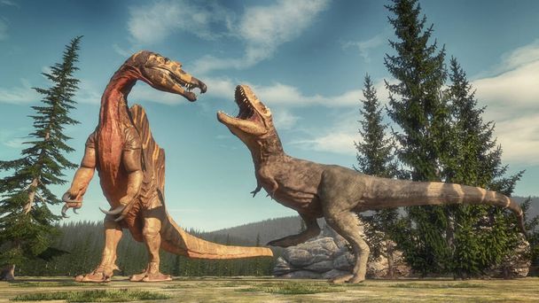 Fight between spinosaurus and t rex on the jurassic valley . This is a 3d render illustration .  - Photo, Image