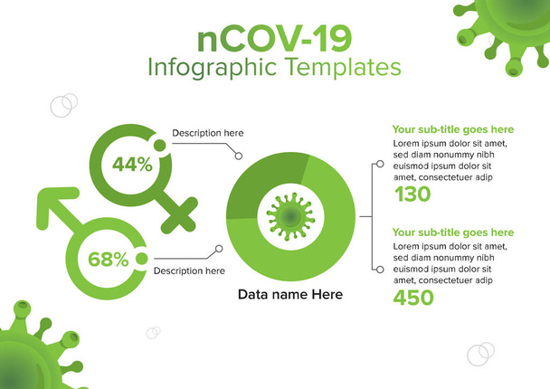 Infografische Vorlagen des Coronavirus in grünem Vektor mit Datendiagramm-Textsymbol für Präsentation oder andere Gestaltung - Vektor, Bild