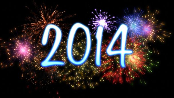 Nuevo año neón 2014 con fuegos artificiales
 - Foto, imagen