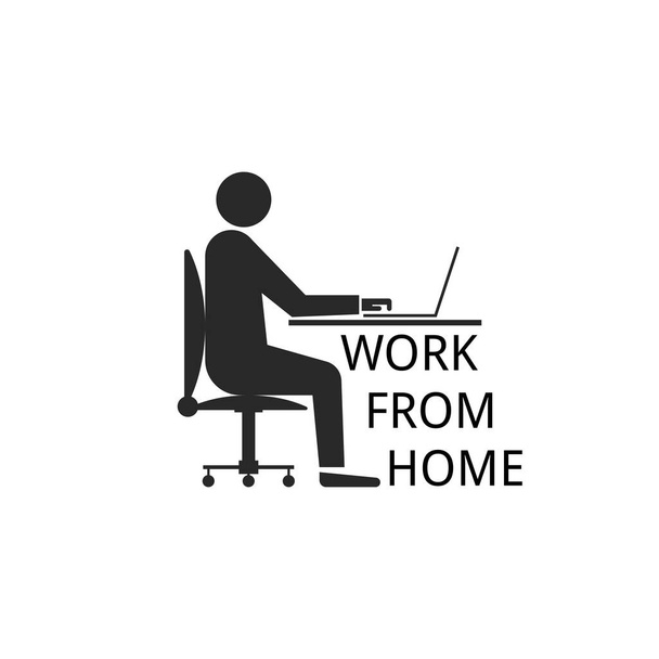 Munka otthonról koncepció, sziluett egy férfi egy széken egy asztalnál egy laptop, online képzés fekete-fehér illusztráció - Vektor, kép
