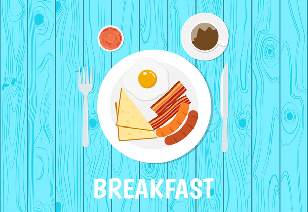 Vector illustration of breakfast set on blue table wooden background - Vektori, kuva