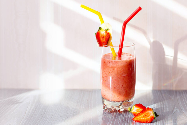 Smoothies Strawberry Banana. Smoothies Cooked at Home. Tasty and Healthy Morning Breakfast. Concept - Healthy Eating at Home. Copy spase. - Photo, Image