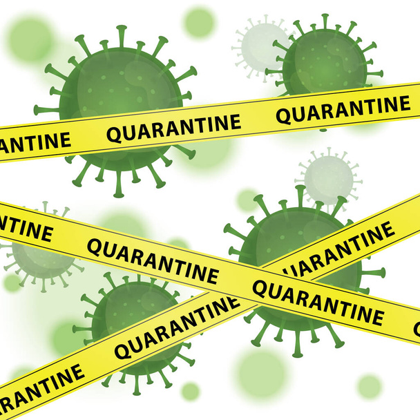 Ілюстраційний графічний вектор вірусу Корони з жовтими попереджувальними стрічками зі словом "карантин", інфекція в Ухані. Зелений вірус, білий фон, епідемія, ковіра-19 пандемія - Вектор, зображення