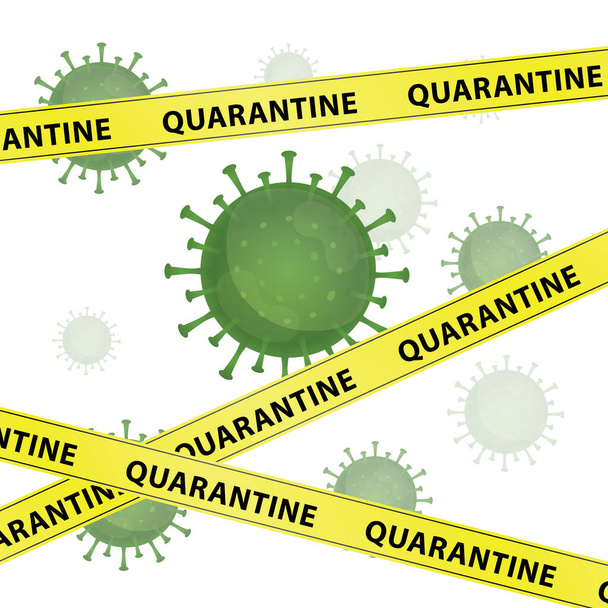 Ilustración vector gráfico del virus Corona con cintas amarillas de advertencia con palabra Cuarentena, infección en Wuhan. Virus verde, fondo blanco, epidemia, pandemia de covid-19
 - Vector, imagen