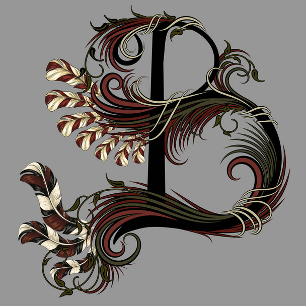 decorative ornamental letter with feathers - Vettoriali, immagini