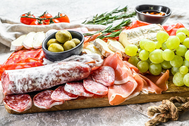 Italian antipasto, wooden cutting board with prosciutto, ham, parma, goat and Camembert cheese, olives, grapes. antipasti. Gray background. Top view. - Photo, Image