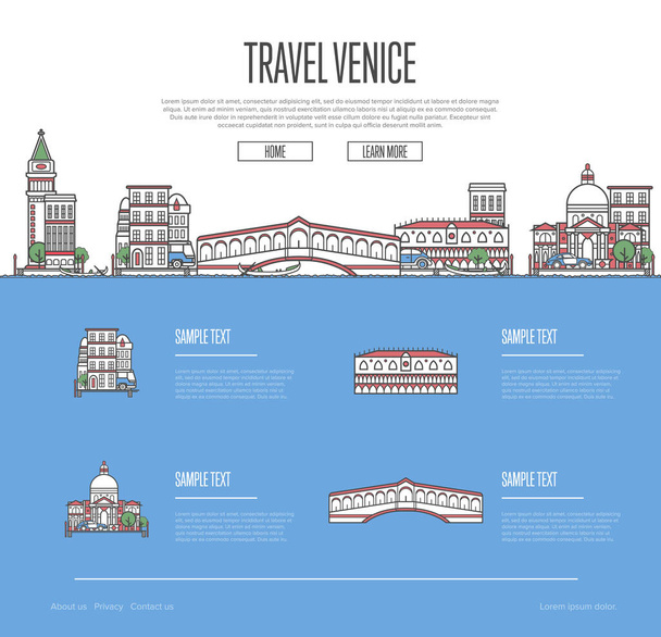 Venice city travel vacation guide with most important architectural attractions in trendy linear style. Venetian skyline with national famous landmarks. Worldwide traveling and journey vector concept - Vector, Image