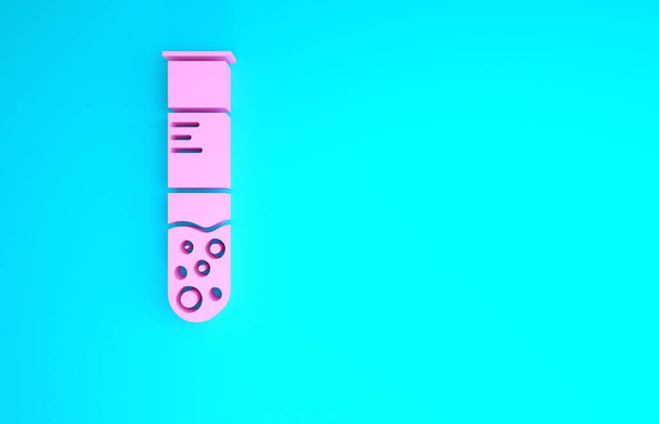 Rózsaszín kémcső és lombik kémiai laboratóriumi vizsgálati ikon elszigetelt kék alapon. Laboratóriumi üvegáru jel. Minimalizmus koncepció. 3d illusztráció 3D render - Fotó, kép