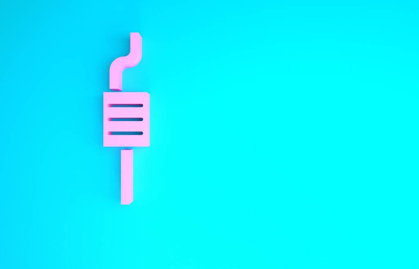 Icono de silenciador de coche rosa aislado sobre fondo azul. Tubo de escape. Concepto minimalista. 3D ilustración 3D render - Foto, imagen