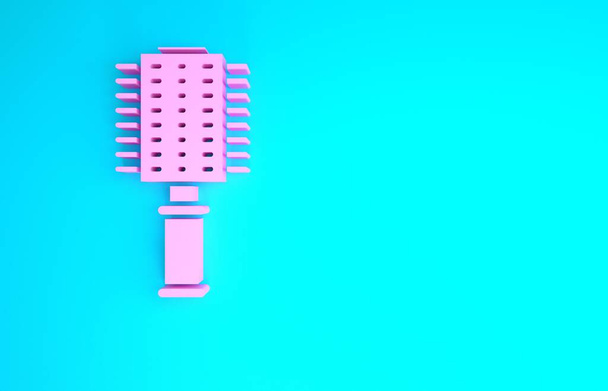 ピンクのヘアブラシアイコンは青の背景に隔離されました。髪の毛のサインを組み合わせる。バーのシンボル。最小限の概念。3Dイラスト3Dレンダリング - 写真・画像