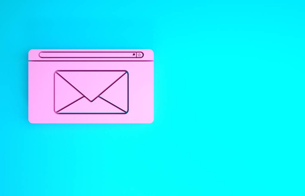 Růžová pošta a e-mailová ikona izolované na modrém pozadí. E-mail - symbol obálky. Podpis e-mailové zprávy. Minimalismus. 3D ilustrace 3D vykreslení - Fotografie, Obrázek