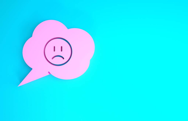 Pink Speech bubble with sad smile icon isolated on blue background. Emoticon face. Minimalism concept. 3d illustration 3D render - Foto, afbeelding