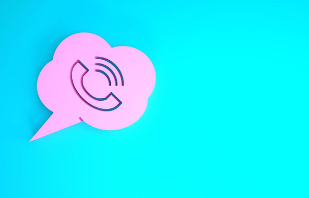 Розовый пузырь речи с иконкой телефонного звонка, выделенной на синем фоне. Концепция минимализма. 3D-рендеринг
 - Фото, изображение
