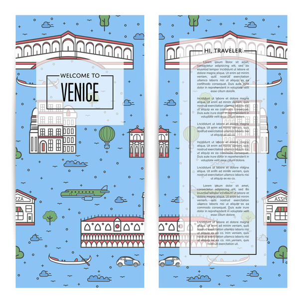 Venice traveling flyers set with famous monuments. Touristic tour advertising for travel agency, european voyage vector illustration. Italian traditional architectural landmarks in linear style. - Vector, Image
