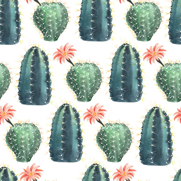Seamless pattern with watercolor cactuses and colored watercolor stains. On a white background - Φωτογραφία, εικόνα