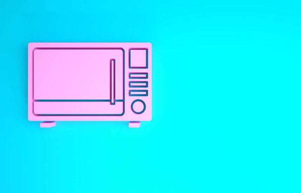 Różowy Kuchenka mikrofalowa ikona izolowana na niebieskim tle. Ikona urządzeń gospodarstwa domowego. Koncepcja minimalizmu. Ilustracja 3D 3D renderowania - Zdjęcie, obraz