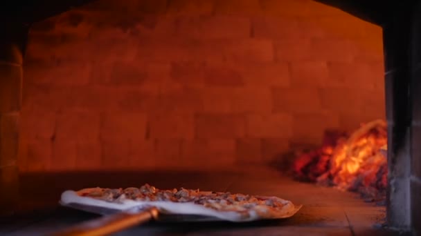 Controleert pizza op gereedheid door het uit de pizza oven te trekken met behulp van de pizza schil. - Video