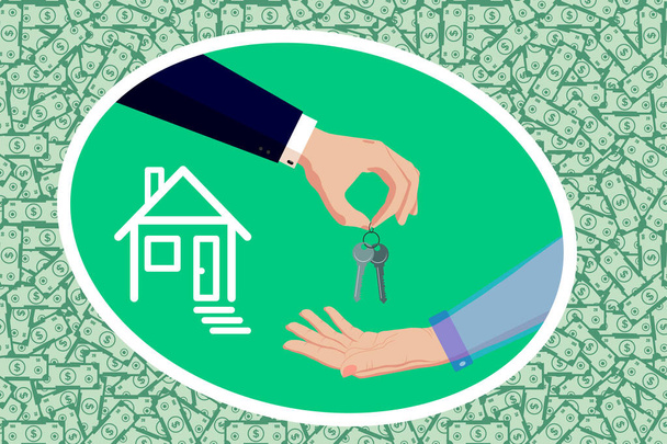 Hand of the seller in a business suit give, hold out house keys. Buyer's hand accepts, takes house, apartment keys. Buying a property for sale. On the background of a seamless ornament of dollar bills - Vector, Image