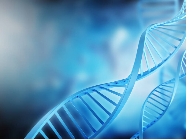 Tıbbi amaçlar için tarafsız bir altyapı. Mavi arka planda bir DNA molekülünün 3 boyutlu modeli olan pankart.  - Fotoğraf, Görsel
