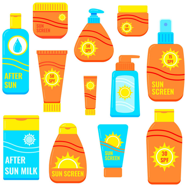 Sunscreen bottles vector icon set isolated on white background. Flat design cartoon style tube of sunscreen, after sun lotion with sun sign, sun protection factor SPF. Sun cream with uv protection. - ベクター画像