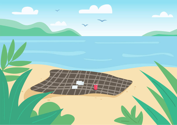 Ковдра на дикому пляжі плоский колір Векторні ілюстрації. Рушник і гральні карти на піску. Літні канікули, відпочинок на природі. Seacoast 2D мультяшний пейзаж з водою на фоні
 - Вектор, зображення