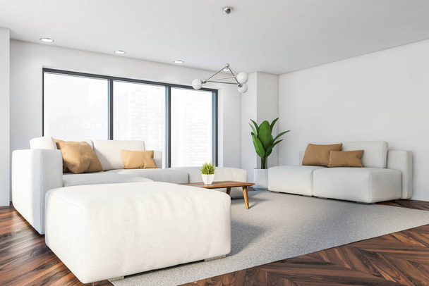 Corner of panoramic living room with white walls, dark wooden floor, two comfortable white sofas near coffee table and window with blurry cityscape. 3d rendering - Фото, зображення