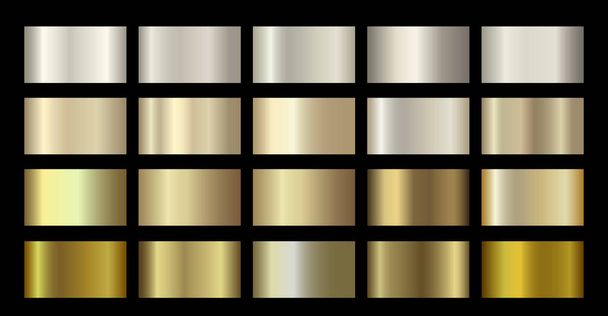 Gold Metallic, bronze, silver, chrome, copper metal foil texture gradient template. Golden swatch set. Metallic gold gradient illustration gradation for backgrounds, banner, web, flyers, digital apps - Wektor, obraz