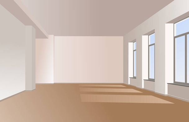 Μεγάλο άδειο δωμάτιο με παράθυρα και φως που πέφτει από το παράθυρο στο δάπεδο.διανυσματική απεικόνιση. - Διάνυσμα, εικόνα