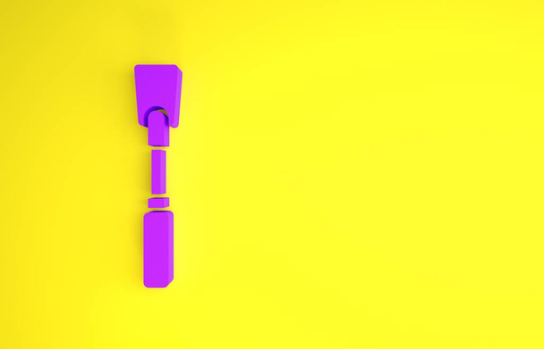 Fioletowy Skórzany bat ikona izolowana na żółtym tle. Fetysz. Seks-zabawka dla dorosłych. Koncepcja minimalizmu. Ilustracja 3D 3D renderowania - Zdjęcie, obraz