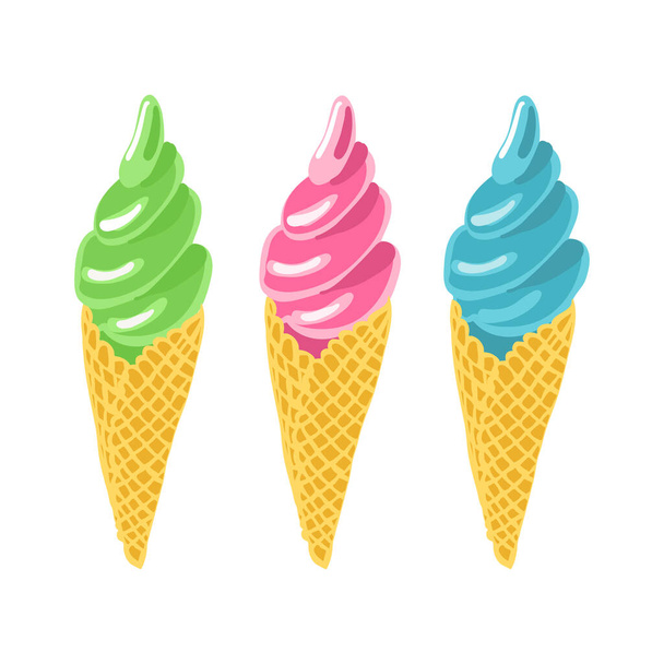 Set of soft ice cream in waffle cones. Green, pink, blue colors. Hand drawn vector illustration isolated on white background. - Vektor, obrázek