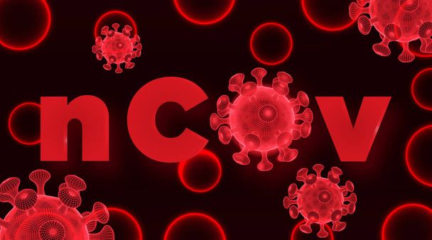 Coronavirus 2019-nCoV oireet otsikko. Matala poly wire frame Virus symboli. Vektori Kuva eristetty punaisella pohjalla
 - Vektori, kuva
