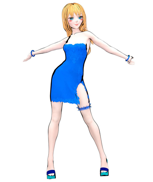 3D render sexy anime doll japanese girl big blue eyes bright makeup.Blue short dress with slit.Lace garter on leg.Cartoon, comics, sketch, drawing, manga isolated illustration.Conceptual fashion art. - Photo, Image