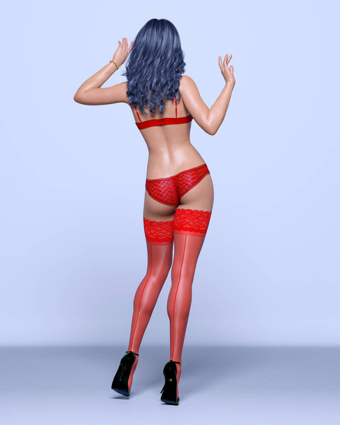 3D Beautiful sexy blonde girl red lingerie and stockings light background.Woman studio photography.High heel.Conceptual fashion art.Seductive candid pose.Render illustration.Summer intimate clothes.Back view - Foto, afbeelding