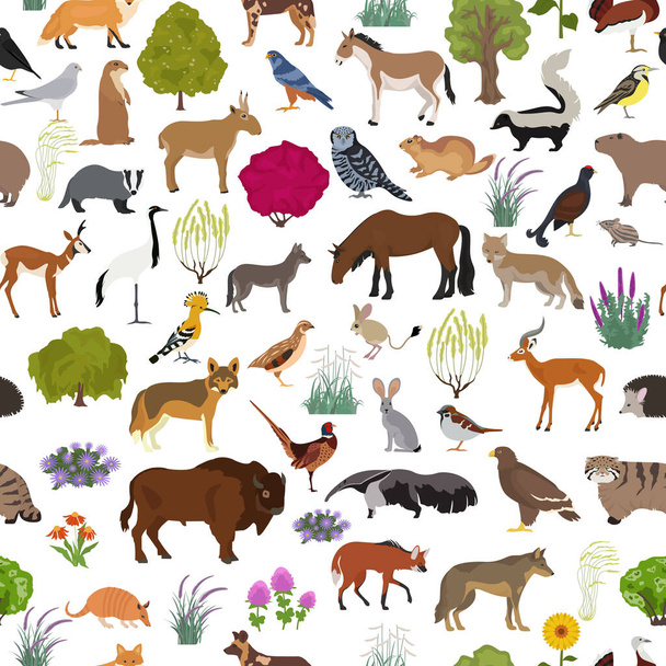 Temperate and dry steppe biome, natural region seamless pattern. Prarie, steppe, grassland, pampas. Terrestrial ecosystem world map. Animals, birds and vegetations ecosystem design set. Vector illustration - Vector, Image
