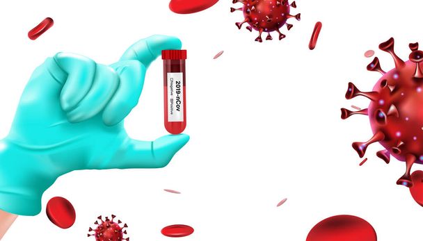 Coronavirus de la gripe pandémica o concepto de brote covid 19. Prueba del tubo sanguíneo de la mano aislada en el fondo. Diseño de ilustración vectorial
. - Vector, imagen