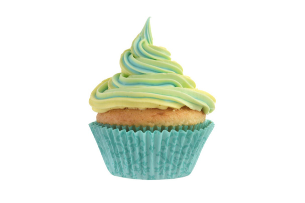 lähikuva eristetty keltainen ja sininen pyörre cupcake
 - Valokuva, kuva