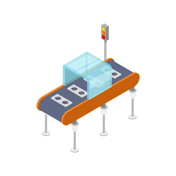 Goods conveyor belt isometric 3D icon. Industrial production, mechanical assembly line manufacturing process, production line vector illustration. - Вектор, зображення