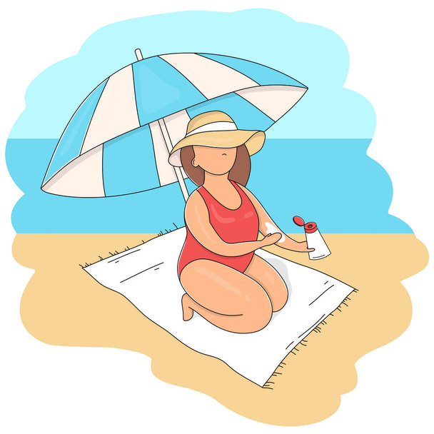 Woman in a hat and under a beach umbrella smears sunscreen on her body. - Vetor, Imagem