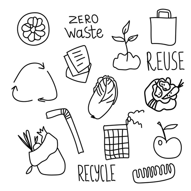 要素のベクトル生態学のセット。手紙、再利用、廃棄物ゼロ、リサイクル、リンゴ、紙、新聞、綿、果物や野菜のエコバッグ、北京キャベツ、バッグ、金属管、食品ツール、木製ブラシドア. - ベクター画像