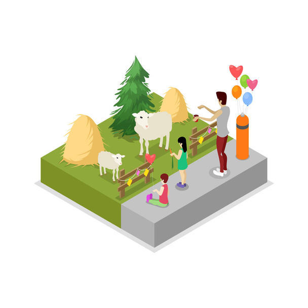 Cage with sheeps isometric 3D icon. Public zoo with wild animals and people landscape, zoo infrastructure element for design vector illustration. - Vector, imagen