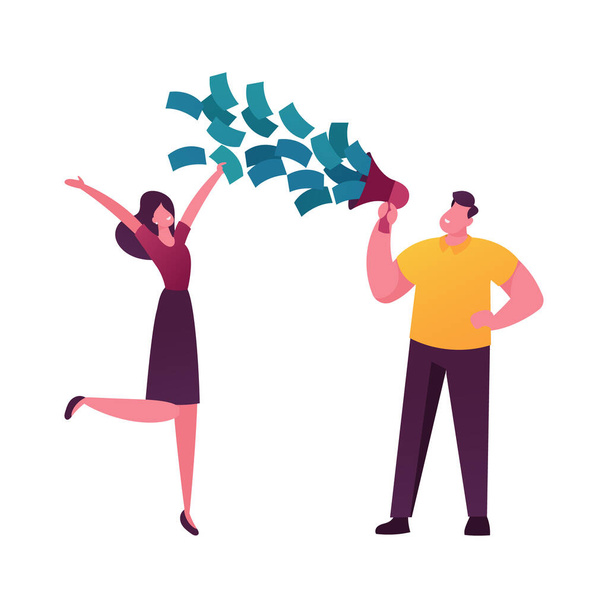Man Character Cry to Loudspeaker with Money Flow Out, Woman Happily Jumping. Total Sale in Store, Shopping Promotion, Announcement and Loyalty Program Concept. Cartoon People Vector Illustration - Vector, Image