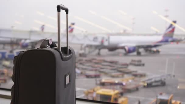 Repülőtér, bőrönd a repülőgépek hátterében. Utazás és üzleti koncepció - Felvétel, videó