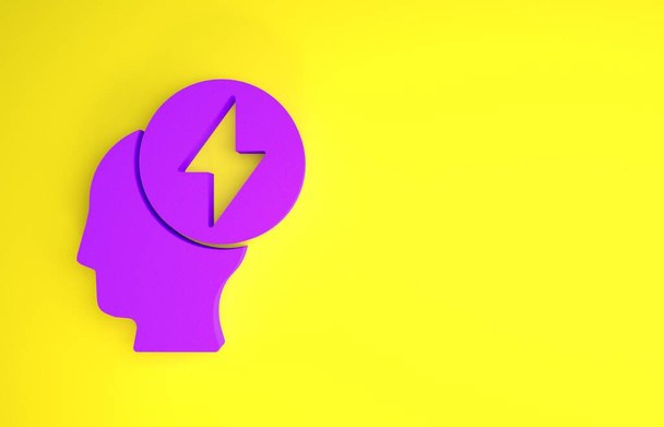 Μωβ ανθρώπινο κεφάλι και ηλεκτρικό σύμβολο εικονίδιο απομονώνονται σε κίτρινο φόντο. Μινιμαλιστική έννοια. 3d απεικόνιση 3D καθιστούν - Φωτογραφία, εικόνα