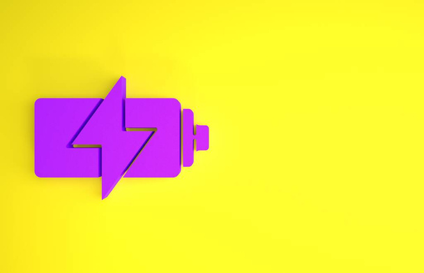 Фіолетова піктограма батареї ізольована на жовтому тлі. Символ блискавки. Концепція мінімалізму. 3D ілюстрація 3D рендеринга
 - Фото, зображення
