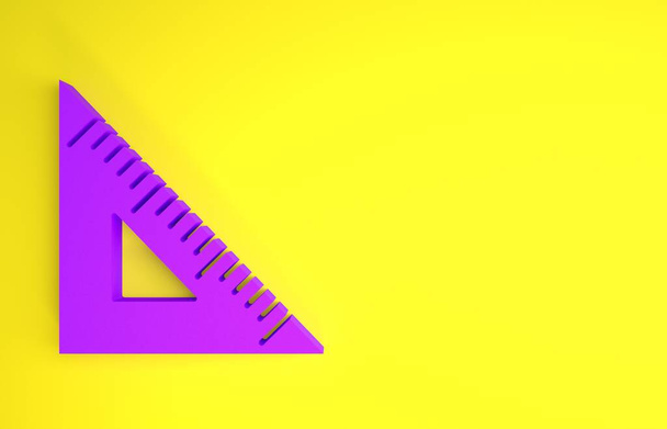 Fialová ikona trojúhelníkového pravítka izolovaná na žlutém pozadí. Symbol rovný. Geometrický symbol. Minimalismus. 3D ilustrace 3D vykreslení - Fotografie, Obrázek